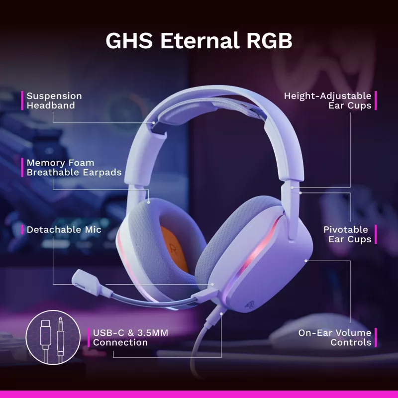 Glorious Gaming Glorious GHS Eternal RGB - stereofoninės RGB žaidimų ausinės, skirtos PC, PS5, PS4, Switch - pagal užsakymą suderintos kampinės tvarkyklės, reguliuojamas itin aiškus nuimamas mikrofonas, USB-C - patvarios, visos dienos/nakties komfortas - baltos