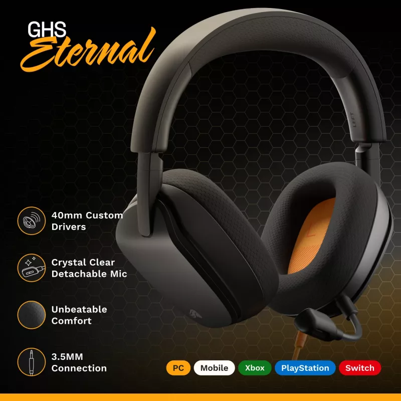 Glorious Gaming Glorious GHS Eternal - Stereo žaidimų ausinės kompiuteriui, PS5, PS4, Xbox, Switch - specialiai suderintos kampuotos tvarkyklės, reguliuojamas krištolo skaidrumo nuimamas mikrofonas, 3,5 mm - patvarios, visos dienos/nakties komfortas - juodos