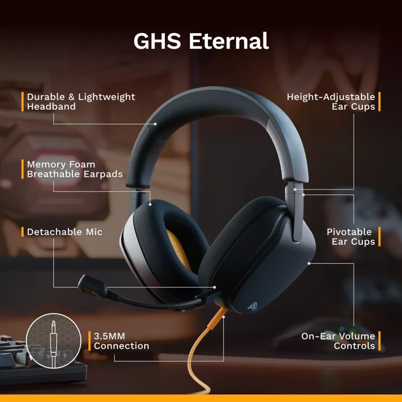 Glorious Gaming Glorious GHS Eternal - Stereo žaidimų ausinės kompiuteriui, PS5, PS4, Xbox, Switch - specialiai suderintos kampuotos tvarkyklės, reguliuojamas krištolo skaidrumo nuimamas mikrofonas, 3,5 mm - patvarios, visos dienos/nakties komfortas - juodos