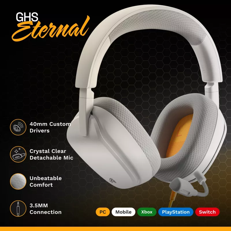 Glorious Gaming Glorious GHS Eternal - Stereo žaidimų ausinės, skirtos PC, PS5, PS4, Xbox, Switch - specialiai suderinti kampuoti garsiakalbiai, reguliuojamas krištolo skaidrumo nuimamas mikrofonas, 3,5 mm - patvarios, visos dienos/nakties komfortas - balta