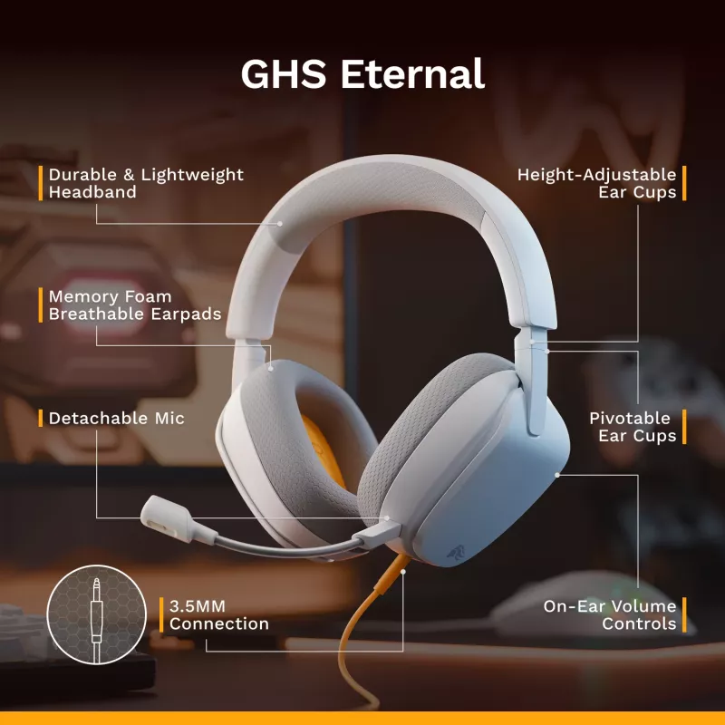 Glorious Gaming Glorious GHS Eternal - Stereo žaidimų ausinės, skirtos PC, PS5, PS4, Xbox, Switch - specialiai suderinti kampuoti garsiakalbiai, reguliuojamas krištolo skaidrumo nuimamas mikrofonas, 3,5 mm - patvarios, visos dienos/nakties komfortas - balta