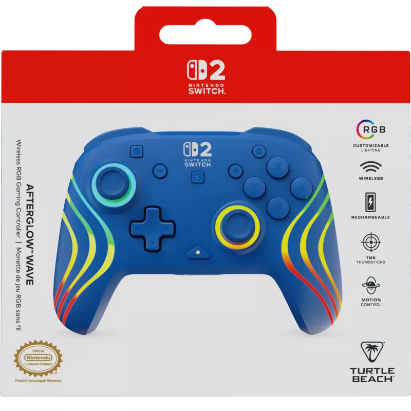 Laidinis ir belaidis žaidimų pultas Turtle Beach Afterglow Wave Blue, skirtas Nintendo Switch 2 – Bluetooth/USB-C, RGB, įmontuota 20 val. baterija, 3 m laidas