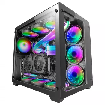 Mars Gaming MCV3 Juoda Custom XXL E-ATX Gaming bokštas priekinis ir šoninis grūdinto stiklo langas dviejų kamerų modulinis rėmas