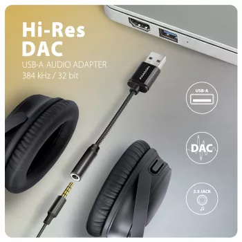 Axagon ADA-HA USB-A į 3,5 mm lizdą Hi-Res DAC garso adapteris, 384 kHz/32 bitų, stereofoninis