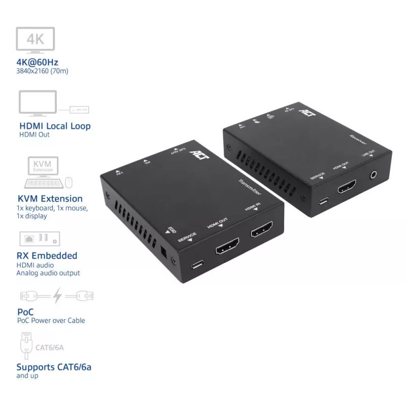 ACT 4K HDMI 2.0 KVM ilgintuvo rinkinys per CAT6A iki 70 metrų