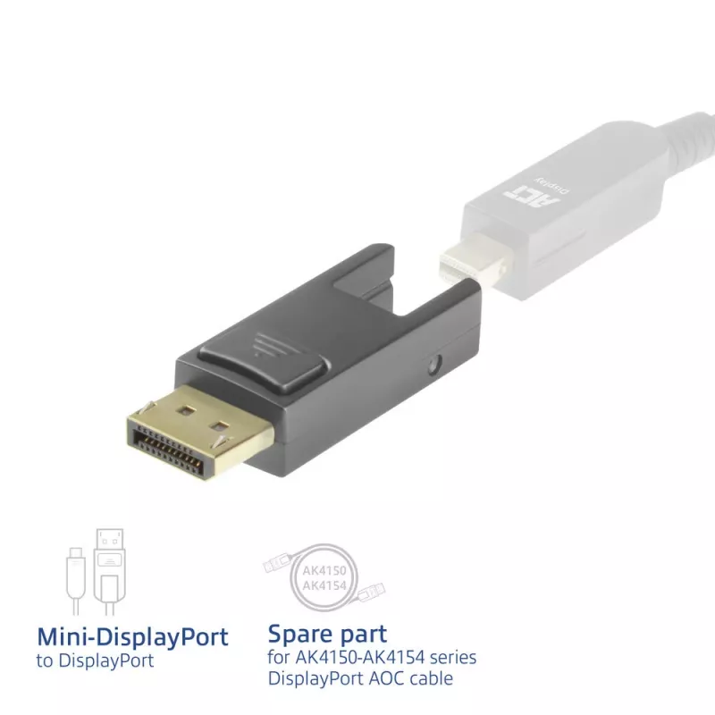ACT pakaitinis adapteris Mini DisplayPort į DisplayPort, skirtas DisplayPort aktyviems optiniams kabeliams su nuimama jungtimi