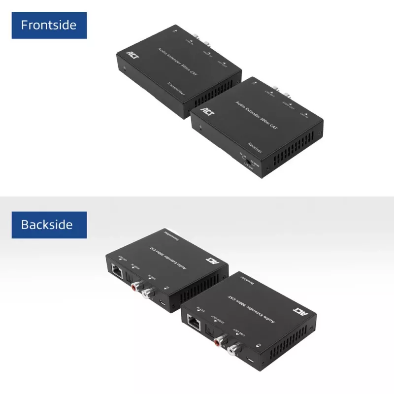 Garso ilgintuvo rinkinys ACT AC7710 — skaitmeninis / analoginis per Cat5e/Cat6 su DAC, TOSLINK įv./išv., iki 300 m, maitinamas 5V USB