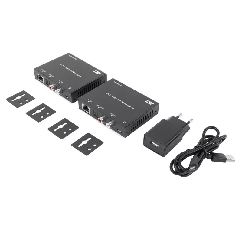 Garso ilgintuvo rinkinys ACT AC7710 — skaitmeninis / analoginis per Cat5e/Cat6 su DAC, TOSLINK įv./išv., iki 300 m, maitinamas 5V USB