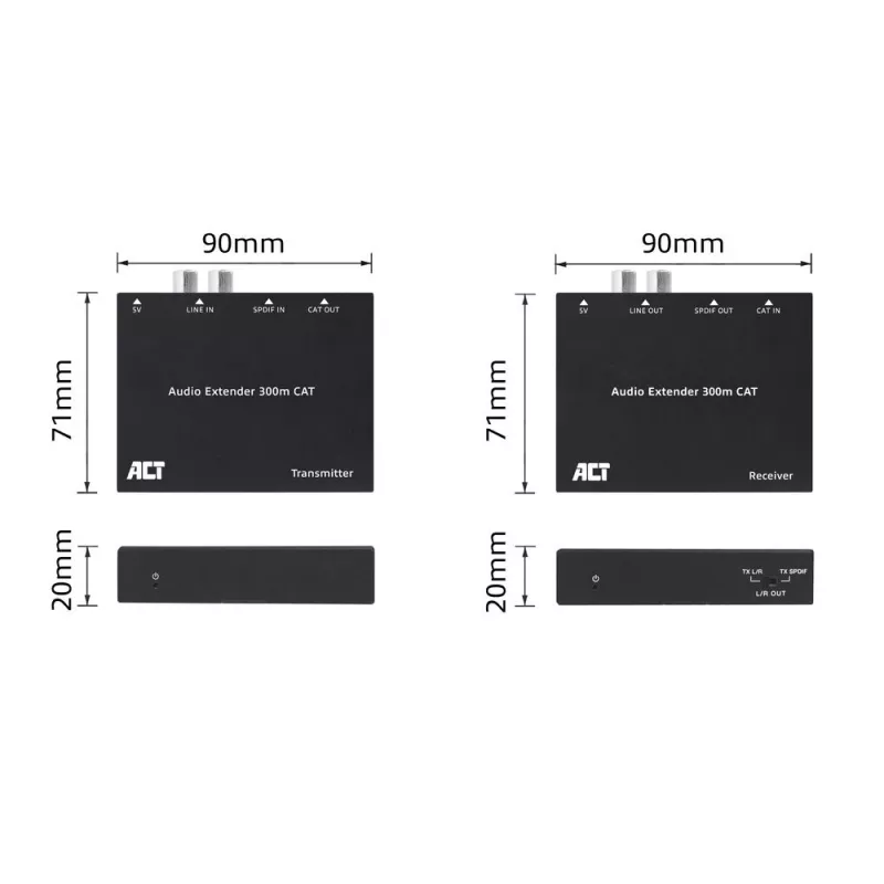 Garso ilgintuvo rinkinys ACT AC7710 — skaitmeninis / analoginis per Cat5e/Cat6 su DAC, TOSLINK įv./išv., iki 300 m, maitinamas 5V USB