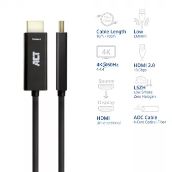 ACT 10 metrų HDMI Premium High Speed 4K aktyvus optinis laidas v2.0 LSZH HDMI-A kištukas - HDMI-A kištukas