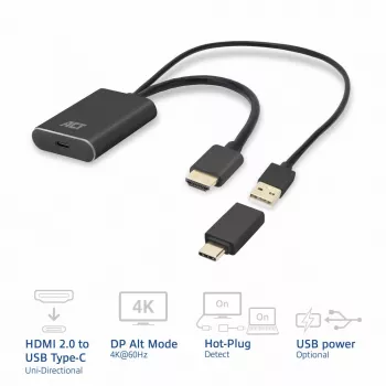 ACT HDMI į USB Type-C moteriška adapterė, 4K@60Hz. Kabelio ilgis: 0,25 m, Jungtis 1: USB Type-C, Jungtis 2: HDMI + USB. Kiekis pakuotėje: 1 vnt.