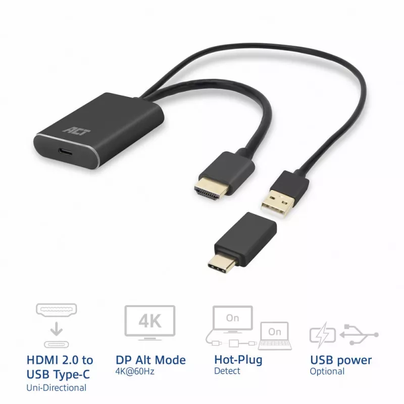 ACT HDMI į USB Type-C moteriška adapterė, 4K@60Hz. Kabelio ilgis: 0,25 m, Jungtis 1: USB Type-C, Jungtis 2: HDMI + USB. Kiekis pakuotėje: 1 vnt.