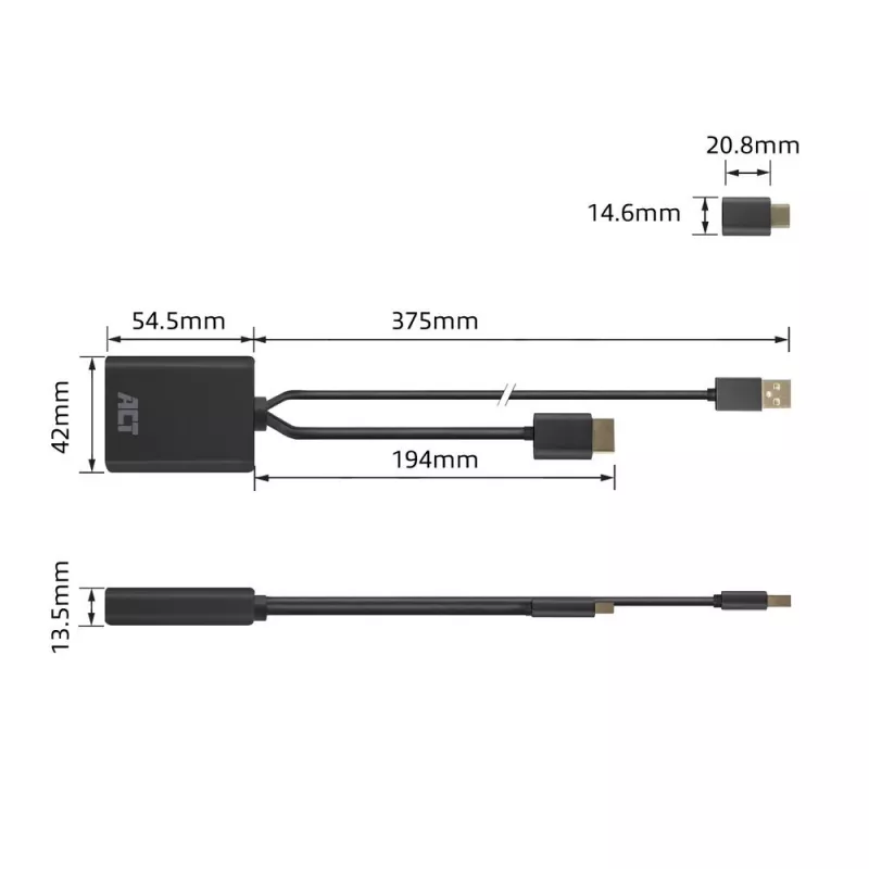 ACT HDMI į USB Type-C moteriška adapterė, 4K@60Hz. Kabelio ilgis: 0,25 m, Jungtis 1: USB Type-C, Jungtis 2: HDMI + USB. Kiekis pakuotėje: 1 vnt.