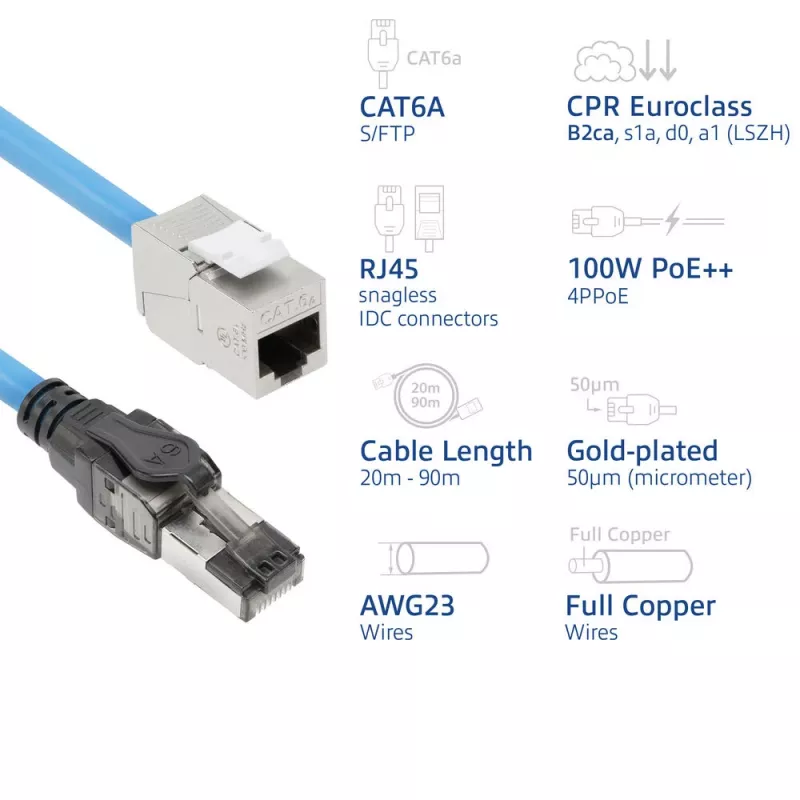 ACT mėlynas 40 metrų S/FTP CAT6A B2ca PoE++ 100W vientisas prefabrikuotas montavimo kabelis, RJ45 kištukas – lizdas