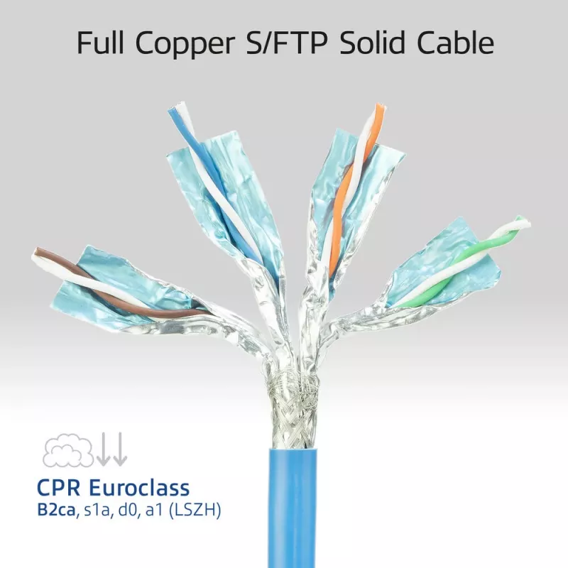 ACT mėlynas 40 metrų S/FTP CAT6A B2ca PoE++ 100W vientisas prefabrikuotas montavimo kabelis, RJ45 kištukas – lizdas