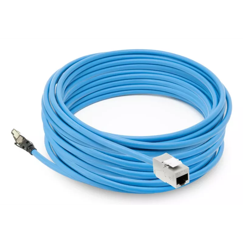 ACT mėlynas 65 metrų S/FTP CAT6A B2ca PoE++ 100W vientisas gamyklinis instaliacinis kabelis, RJ45 kištukas – lizdas