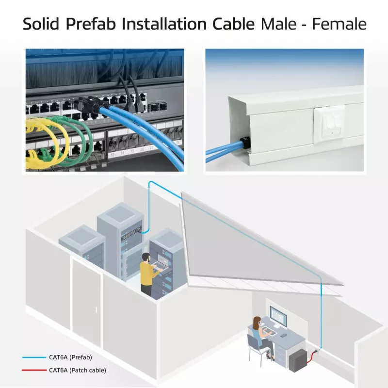 ACT mėlynas 65 metrų S/FTP CAT6A B2ca PoE++ 100W vientisas gamyklinis instaliacinis kabelis, RJ45 kištukas – lizdas