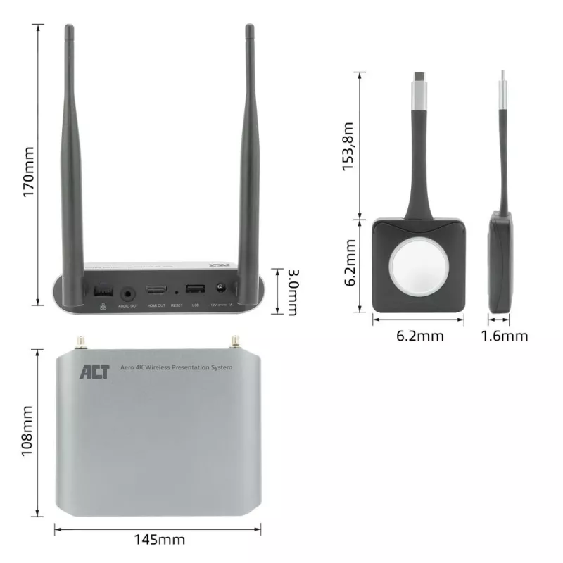 ACT Aero 4K belaidė pateikčių sistema, Stalinis, Juoda, Pilka, 3840 x 2160, 2160p, USB Type-C, USB