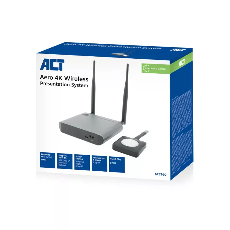 ACT Aero 4K belaidė pateikčių sistema, Stalinis, Juoda, Pilka, 3840 x 2160, 2160p, USB Type-C, USB