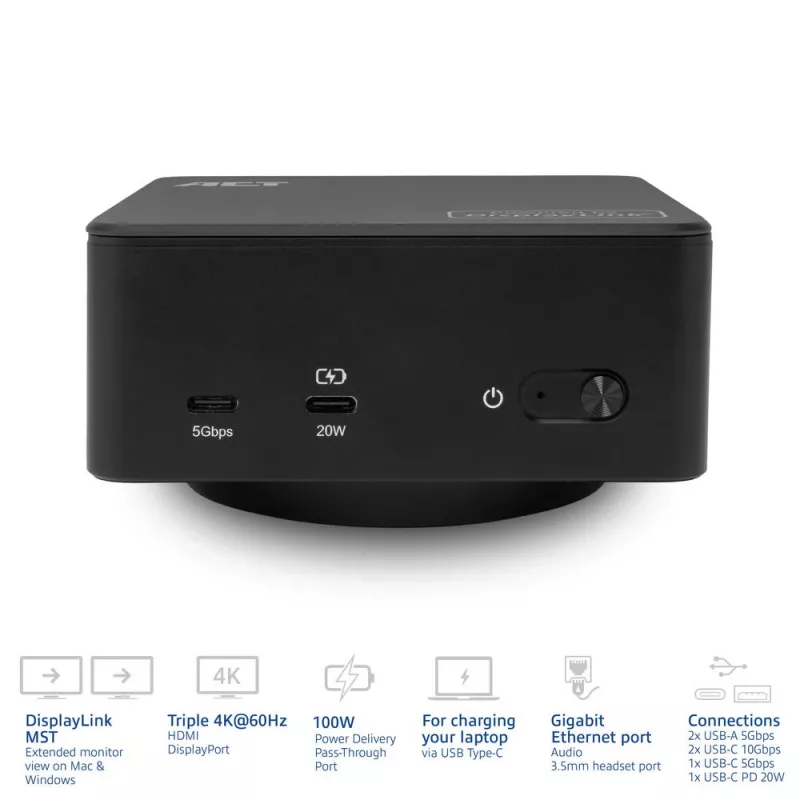 ACT universali USB-C prijungimo stotelė 4K, skirta 3 HDMI/DisplayPort monitoriams, DisplayLink