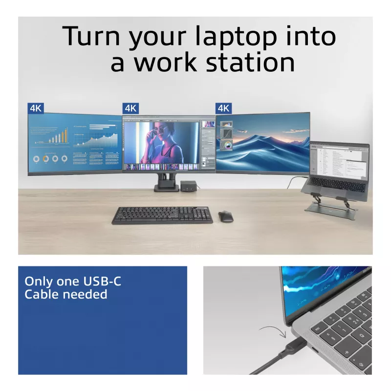 ACT universali USB-C prijungimo stotelė 4K, skirta 3 HDMI/DisplayPort monitoriams, DisplayLink