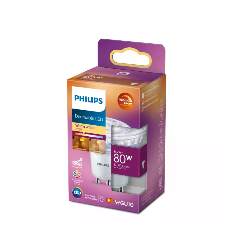 Philips Spot 80W PAR16 GU10, 6,2 W, 80 W, GU10, 575 lm, 25000 val., Šiltas švytėjimas