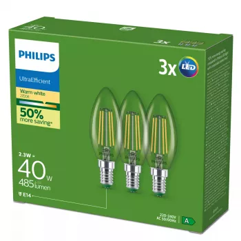 Philips Filament Candle Clear 40 W B35 E14 x3, 2,3 W, 40 W, E14, 485 lm, 50000 h, šilta balta