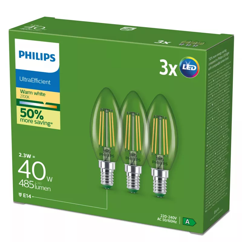 Philips Filament Candle Clear 40 W B35 E14 x3, 2,3 W, 40 W, E14, 485 lm, 50000 h, šilta balta