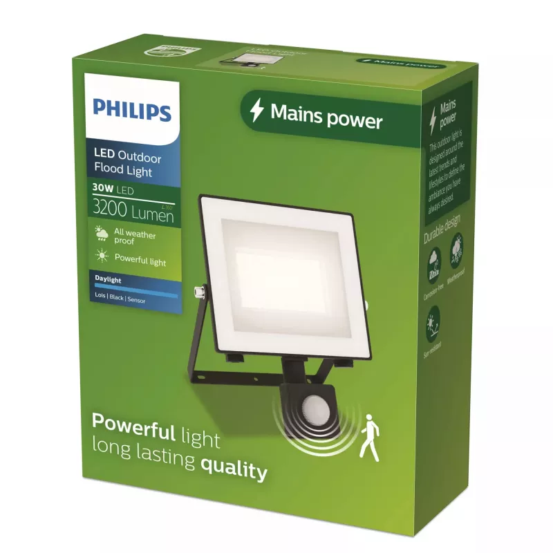 Lauko sieninis šviestuvas Philips Lois 30 W LED, juodas, metalinis korpusas, 220–240 V, nekeičiamas LED