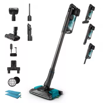 2-in-1 Philips XC8155/01 dulkių siurblys lazda — baterinis sausam ir šlapiam valymui skirtas bekrepšis valytuvas, 25,2 V, 0,6 l dulkių konteineris, mėlynas