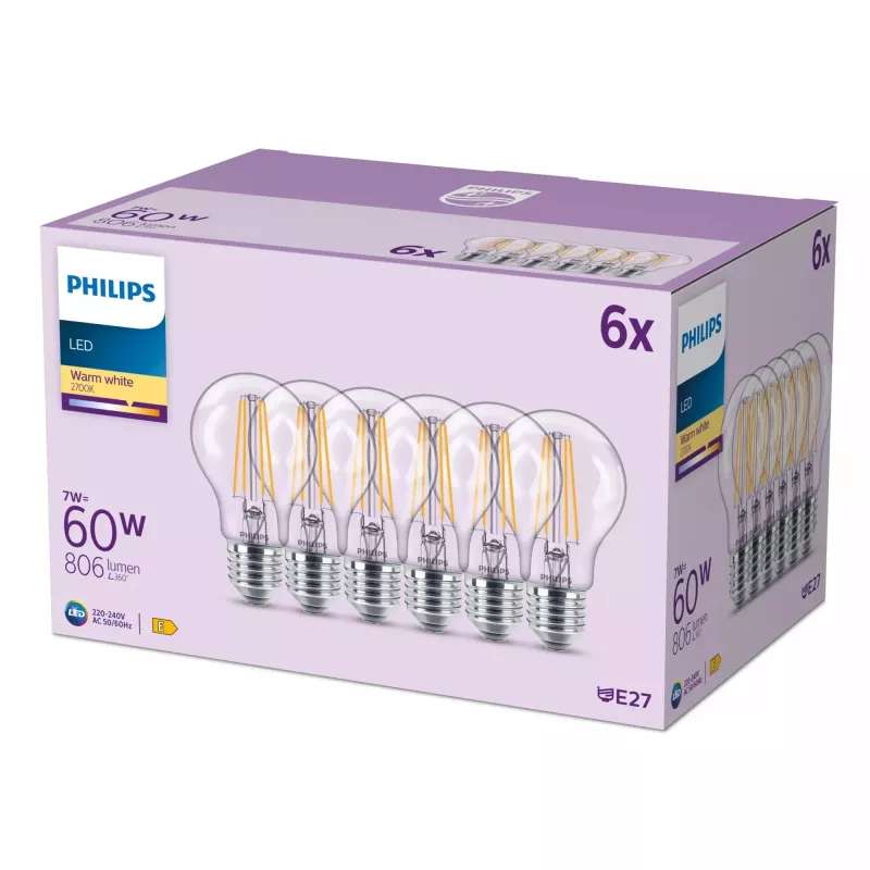 Philips kaitrinė lemputė skaidri 60 W A60 E27 x6, 7 W, 60 W, E27, 806 lm, 15000 h