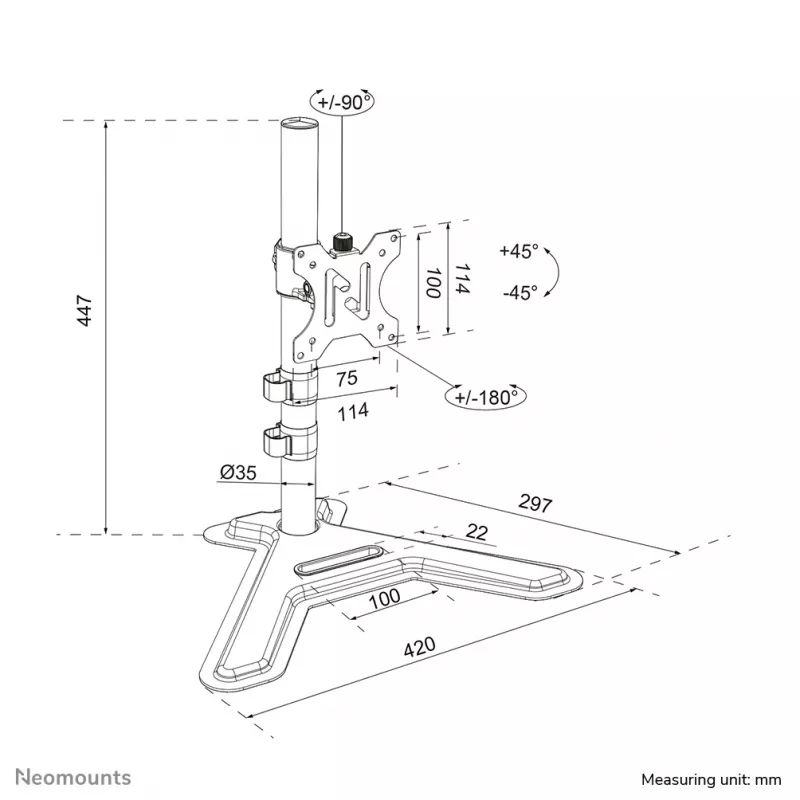 Neomounts DS45-600BL1 vieno monitoriaus stovas 10–32 colių ekranams, VESA 75x75–100x100, maks. 9 kg, pastatomas ant stalo, juodas