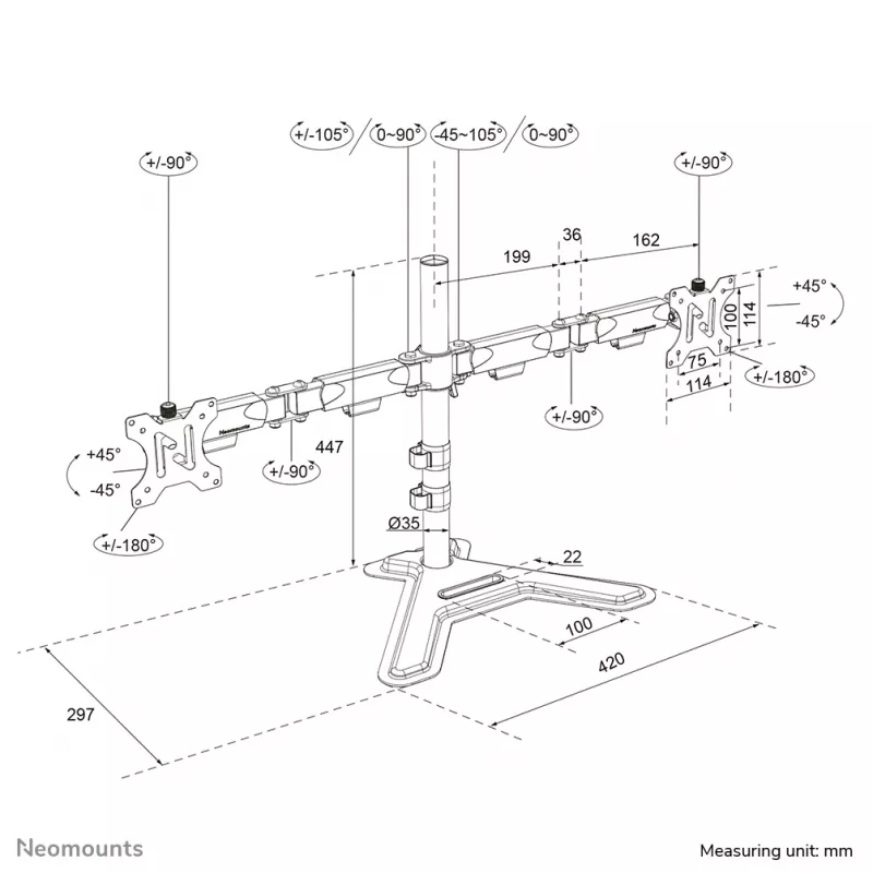 Dvigubas monitoriaus stovas Neomounts DS45-600BL2, skirtas 10–32 colių ekranams, palaiko 2 ekranus, maks. 6 kg, VESA 75x75–100x100, laisvai pastatomas, juodas