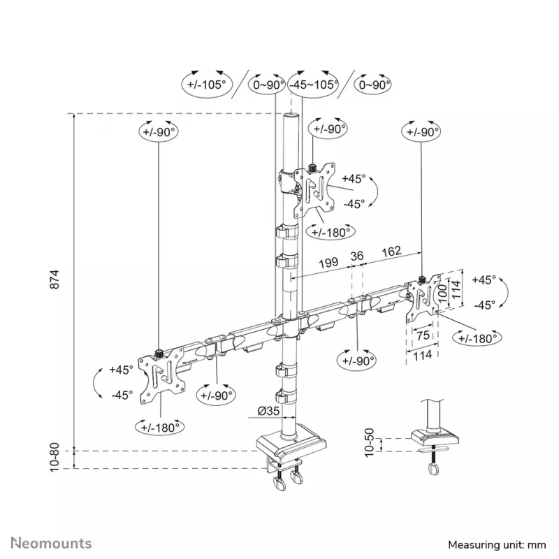 Neomounts DS60-600BL2-1 Trigubas monitoriaus laikiklis 10–32 colių, spaustuvo / įvorės tvirtinimas, 9 kg, 25,4 cm (10 colių), 81,3 cm (32 colių), 100 x 100 mm, juodas