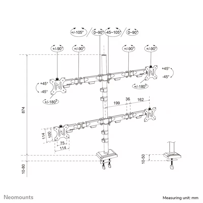 Keturių monitorių laikiklis Neomounts DS60-600BL2-2, 10–32 colių ekranams, VESA 75x75–100x100, maks. apkrova 8 kg, spaustuvas / įvorė, juodas
