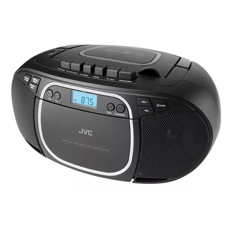 Nešiojamas CD grotuvas JVC RC-E451B juodas — CD/MP3, Bluetooth, FM 87,5–108 MHz, USB, AUX, 3,2 W RMS