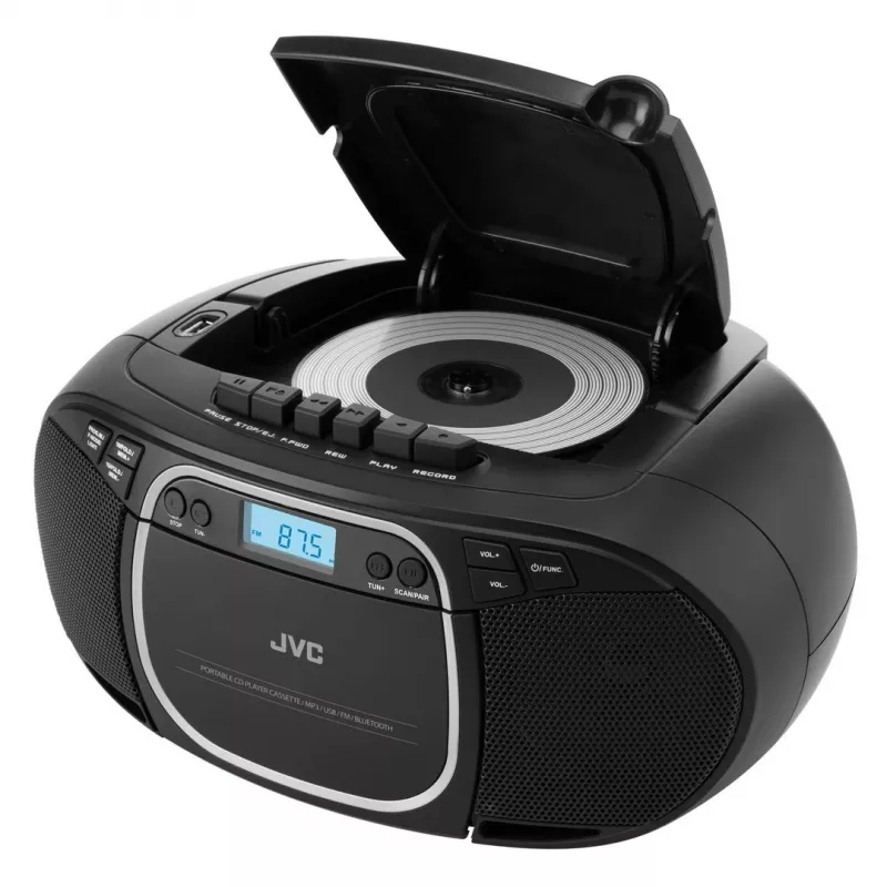 Nešiojamas CD grotuvas JVC RC-E451B juodas — CD/MP3, Bluetooth, FM 87,5–108 MHz, USB, AUX, 3,2 W RMS
