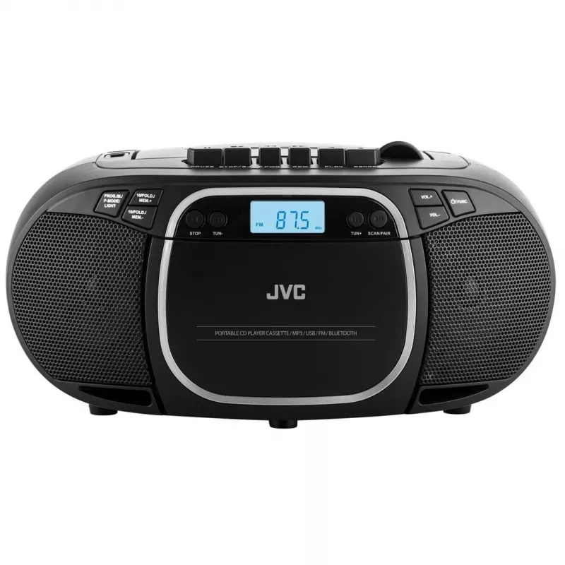 Nešiojamas CD grotuvas JVC RC-E451B juodas — CD/MP3, Bluetooth, FM 87,5–108 MHz, USB, AUX, 3,2 W RMS