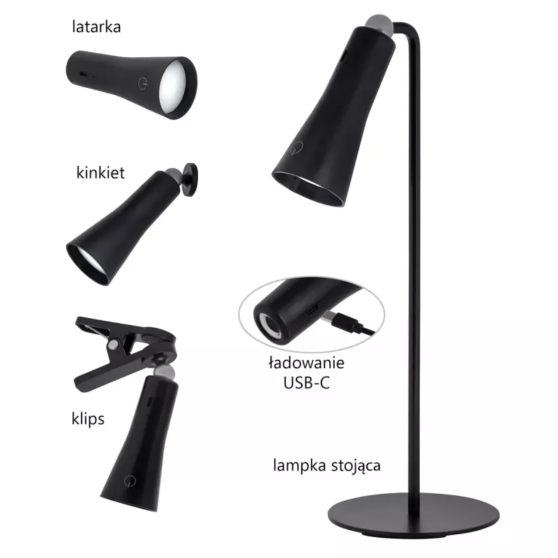 Stalinė lempa ActiveJet AJE-IDA 4IN1 juoda — 12 LED lempučių, 5 W, 4000 K, 1200 mAh baterija, USB-C