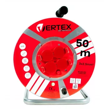 Ilginamasis laidas VERTEX PB50METAL 50 m 3x2,5 mm² 3000 W, 4x Type E/F lizdai, IP44, Type F kištukas, įjungimo/išjungimo jungiklis
