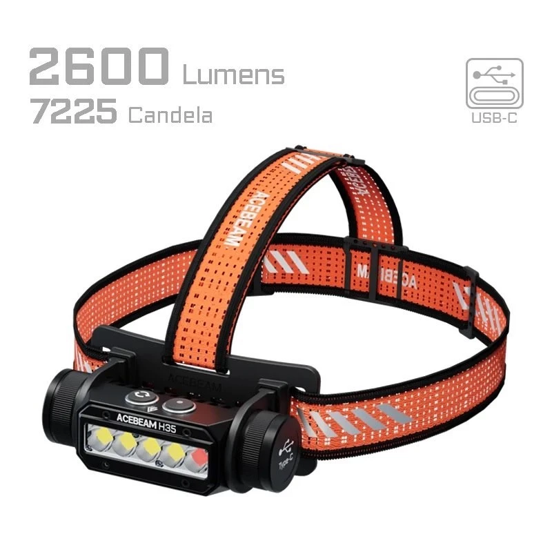 Ant galvos juostos tvirtinamas žibintuvėlis AceBeam H35 — LED priekinis žibintas, maks. 2600 lm, 170 m spindulys, IP68, 18650 3800 mAh, 216 val. veikimo trukmė