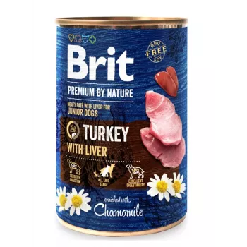 Šlapias šunų maistas Brit Premium by Nature Junior — kalakutiena su kepenėlėmis, 400 g, skardinė, 78% drėgmės
