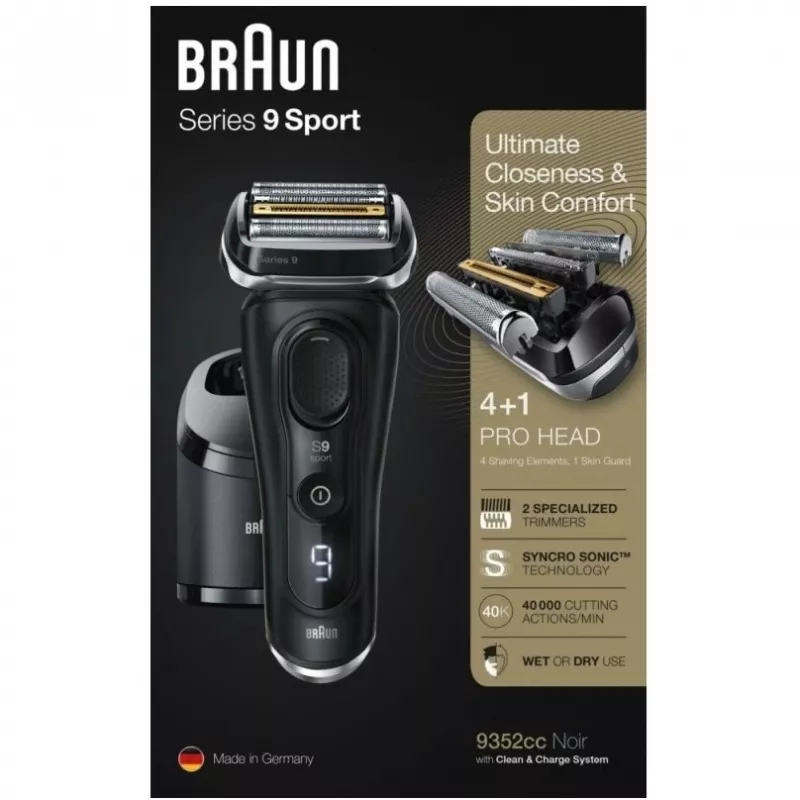 Braun Series 9 9352cc Sport folijos skutimosi mašinėlė ir kirpiklis, juoda ir pilka