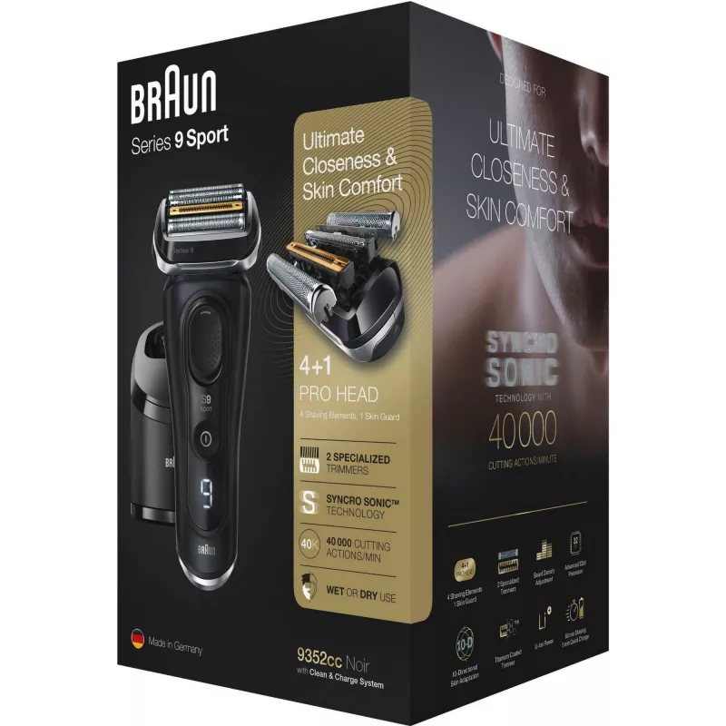 Braun Series 9 9352cc Sport folijos skutimosi mašinėlė ir kirpiklis, juoda ir pilka