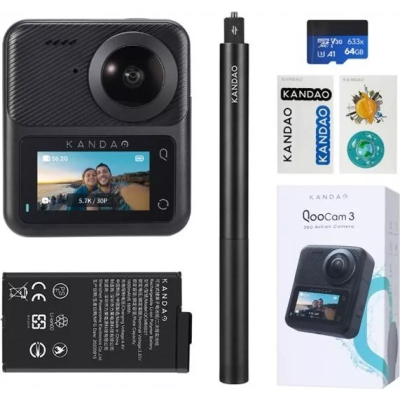 Veiksmo kamera KanDao QooCam 3 Travel Combo — 360° fiksavimas, 4K vaizdo įrašas, 3D palaikymas