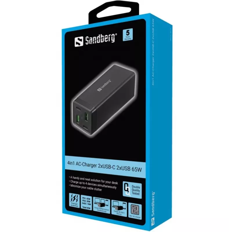 SANDBERG maitinimo blokas - 65 vatų - 3,25 A - PD, QC - 4 išvesties prievadai (2 x USB, 2 x USB-C)
