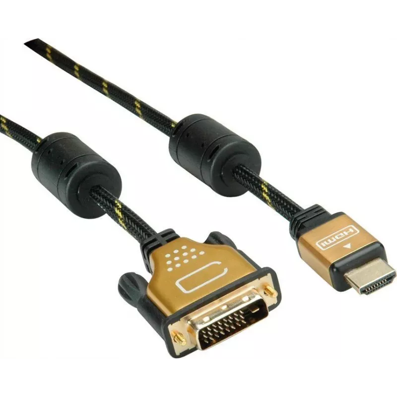 Roline Gold - Vaizdo laidas - Dviguba jungtis - HDMI / DVI - DVI-D (kištukas) į HDMI (kištukas) - 5 m - ekranuotas - juodas, auksinis - 4K palaikymas