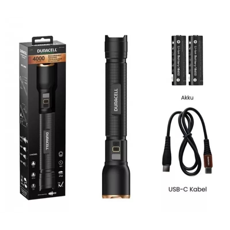 Žibintuvėlis Duracell DF4000R juodas — rankinis įkraunamas žibintuvėlis, kompaktiškas dizainas