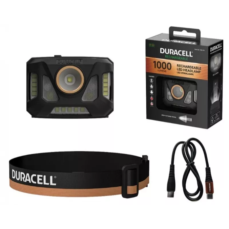 Priekinis žibintas Duracell DH1000R – juodas/oranžinis, įkraunama laisvų rankų šviesa