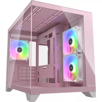 Mini Tower PC korpusas Cougar FV150 ARGB — rožinis, palaiko 2x 120/140 mm šoninius ventiliatorius, 1x 120 mm galinį, 2,5 colio/3,5 colio HDD, 285×435×365 mm